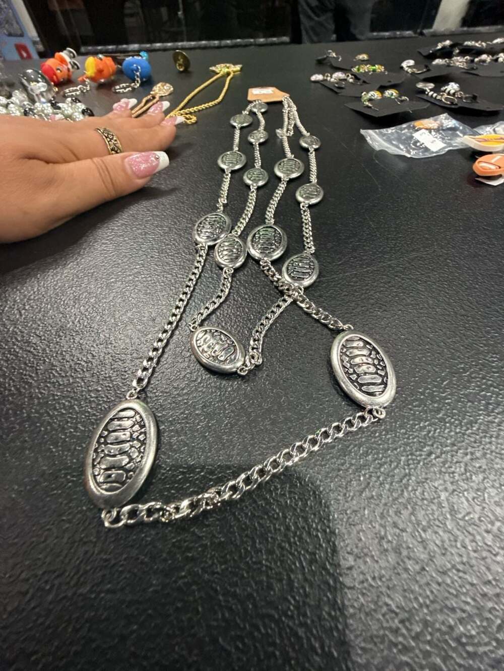 Silver Tone Metal Oval Long Chain Necklace with Football Charms